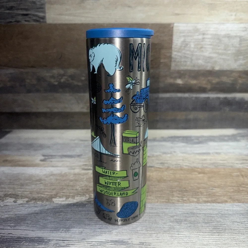 Starbucks Been There Series Michigan Stainless Steel Tumbler 16 Oz Blue Lid